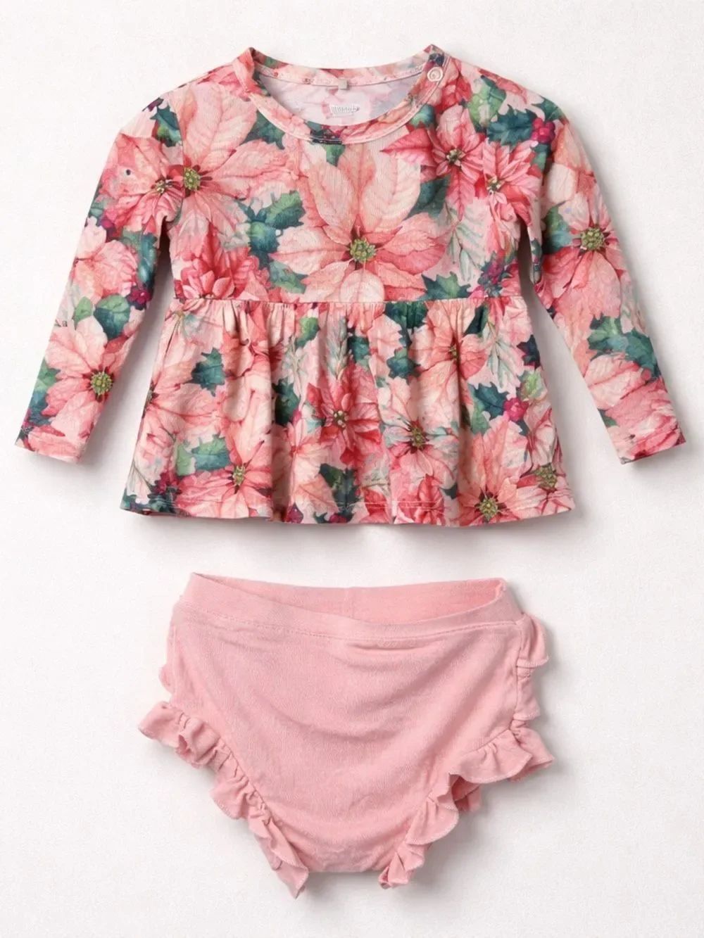 Posh Peanut peplum ruffled bummer set in pink poinsetta print bamboo  Size 3-6